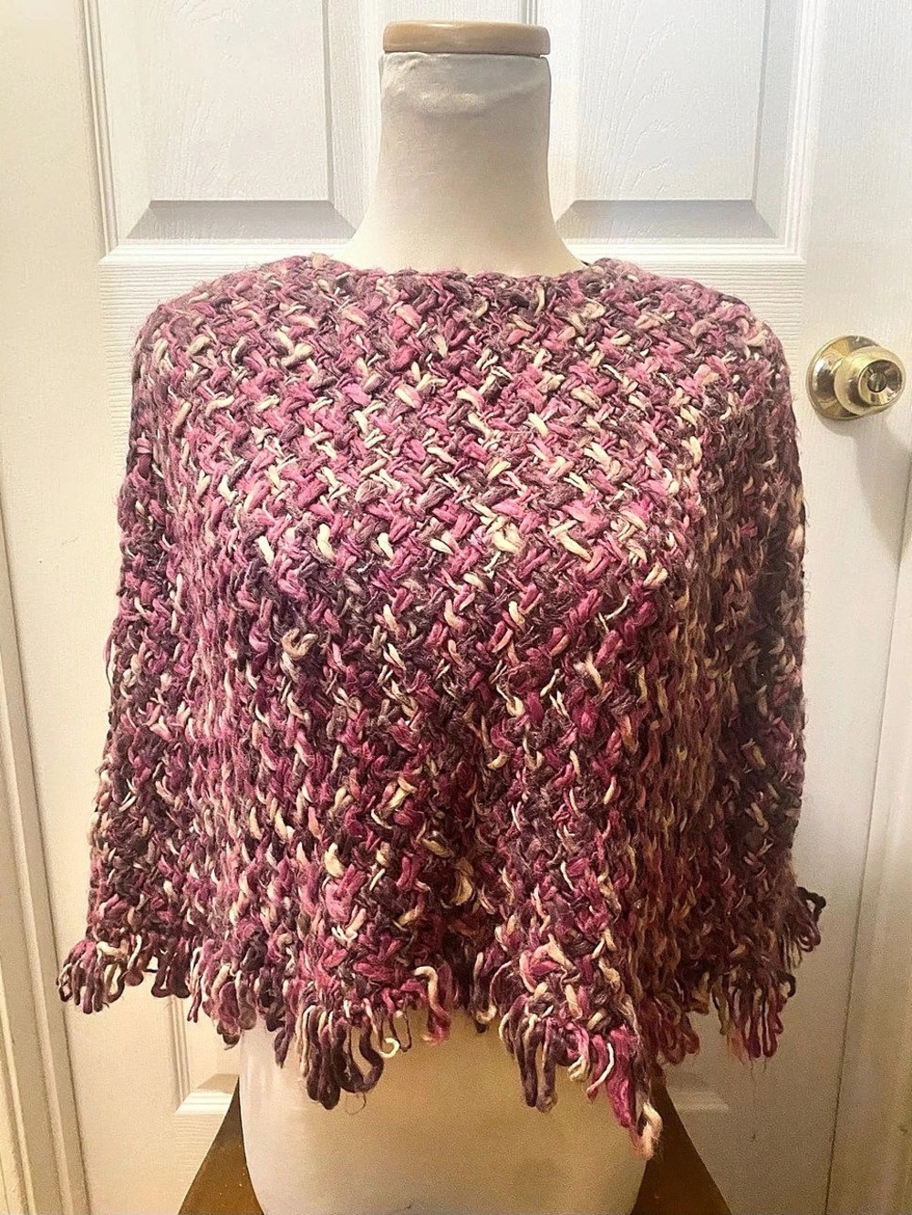 Jones New York Fringe Knit Poncho in Purple & Pink